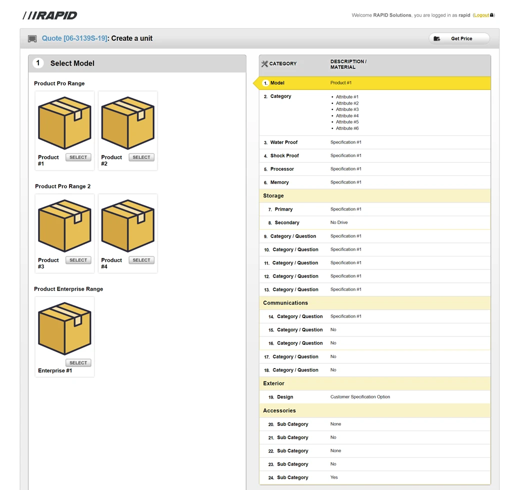Sales Matrix Tool quoting interface