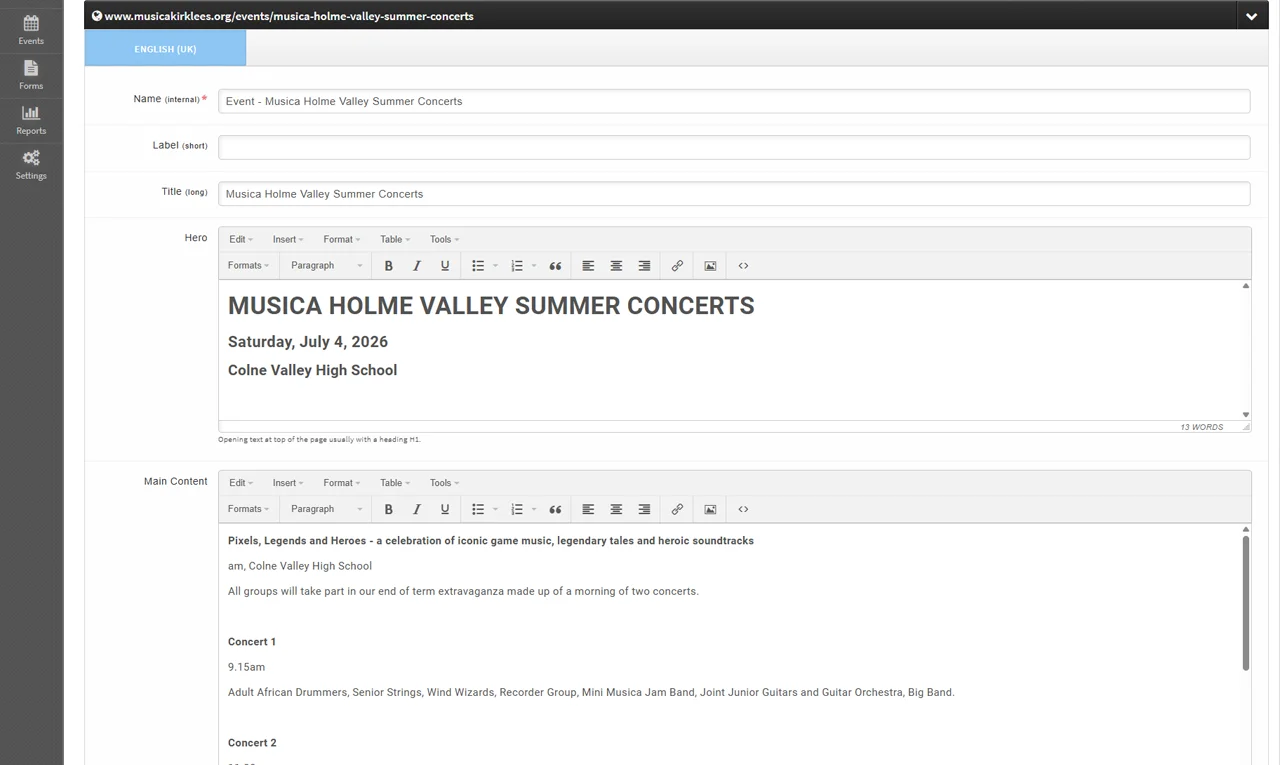 Musica CMS back office